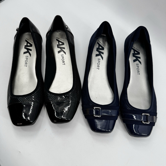 2 Anne Klein Sport Ballet Flats 9 Black Navy Buckle Snake Herringbone Patent - Picture 1 of 9